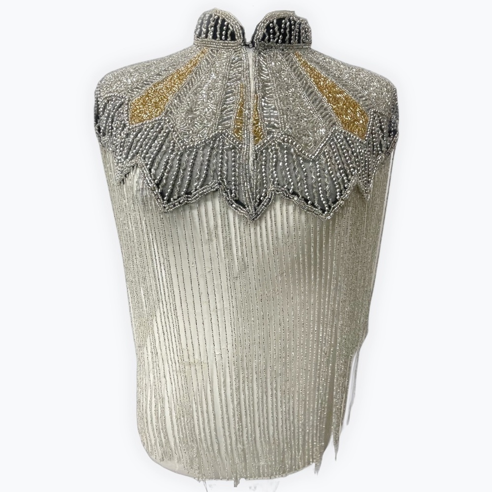 Silver and gold lunar design hand beaded fringe capelet O/S